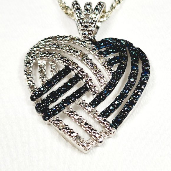 Blue & White Diamond heart pendant in Plat & Rhodium over 925 SS w/20" chain - Picture 2 of 5